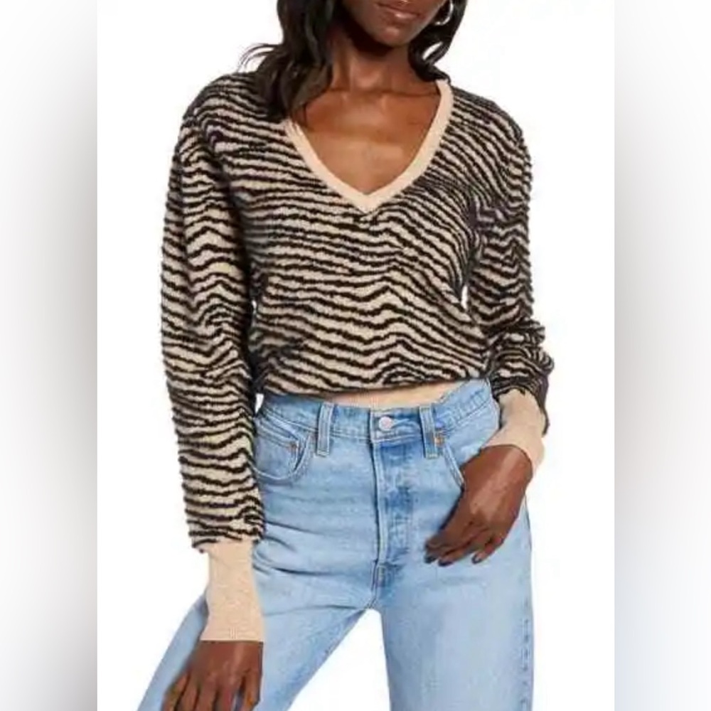 ASTR Animal Print Long Sleeve Fuzzy Sweater in Taupe